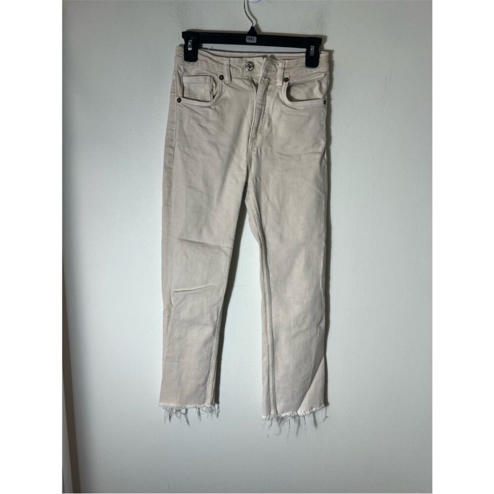 Zara Modern Straight Frayed Hem Ankle Jeans /Linen Off-White Cream straight-leg